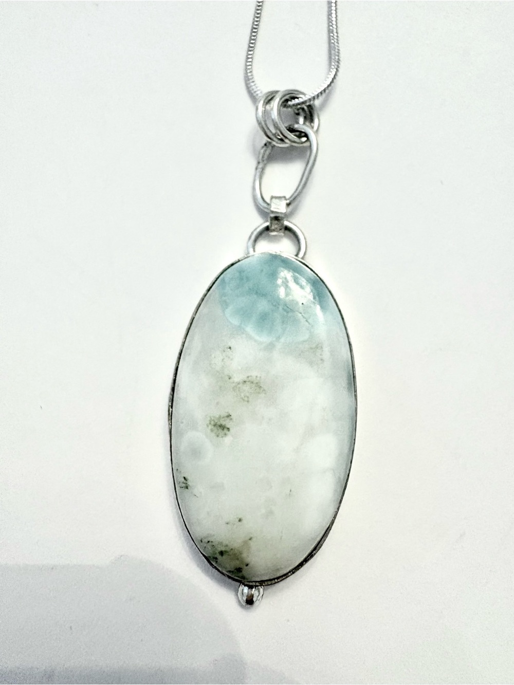 Beautiful, handcrafted, 2 inch , Larimar pendant on a silver chain.